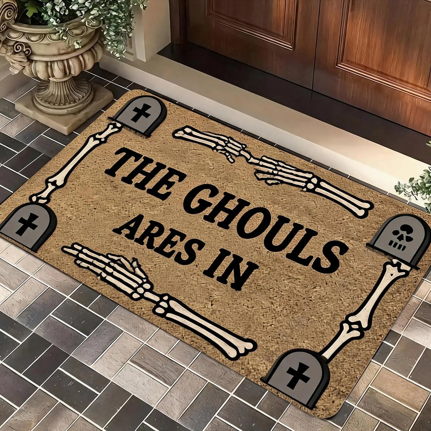 A Magical Doormat Featuring 'THE WITCH IS IN', Made of Plush Material with a Thickness of 0.4 Inches And Weighing 1.28 LB. It Has a Brown Base with a Black Star And Spell Design, for Halloween