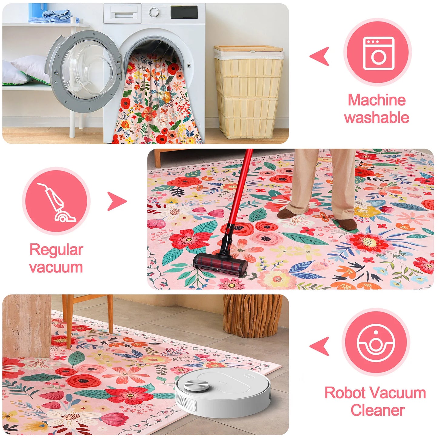 Boho Floral Washable Rug Low Pile Indoor Carpet Non Slip