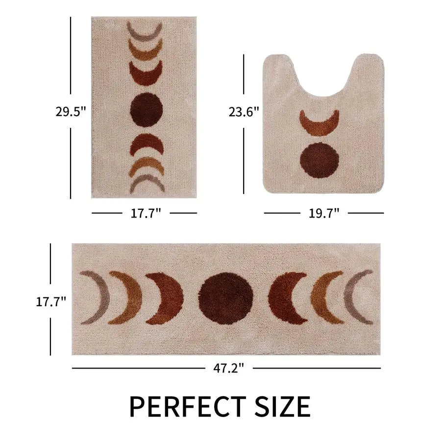 Boho Moon Phase NonSlip Microfiber Bath Rug Set With ToiletRug