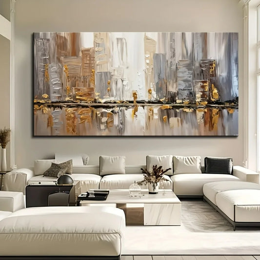 None Art Deco Oil Painting Abstract Pine Frame Gold Accents