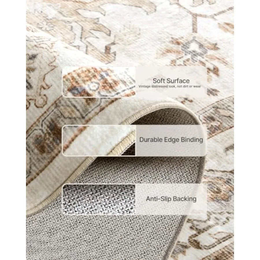 Living Room Vintage Area Rug Low Profile Washable With Non Slip Backing