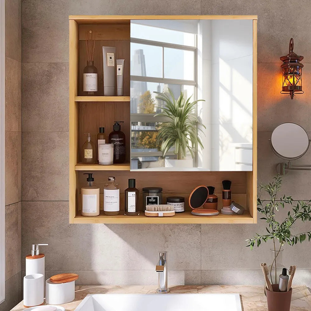Wall Bathroom Cabinet with Mirror Door Bamboo Medicine Cabinet Storage Organizer