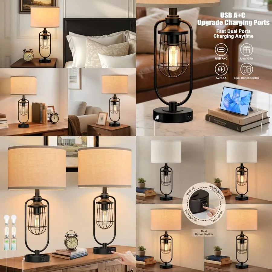 24" Farmhouse Table Lamps for Living Room Set of 2, Black Rustic Lamps for Night Stands with USB Ports, Industrial Bedside Lamp
