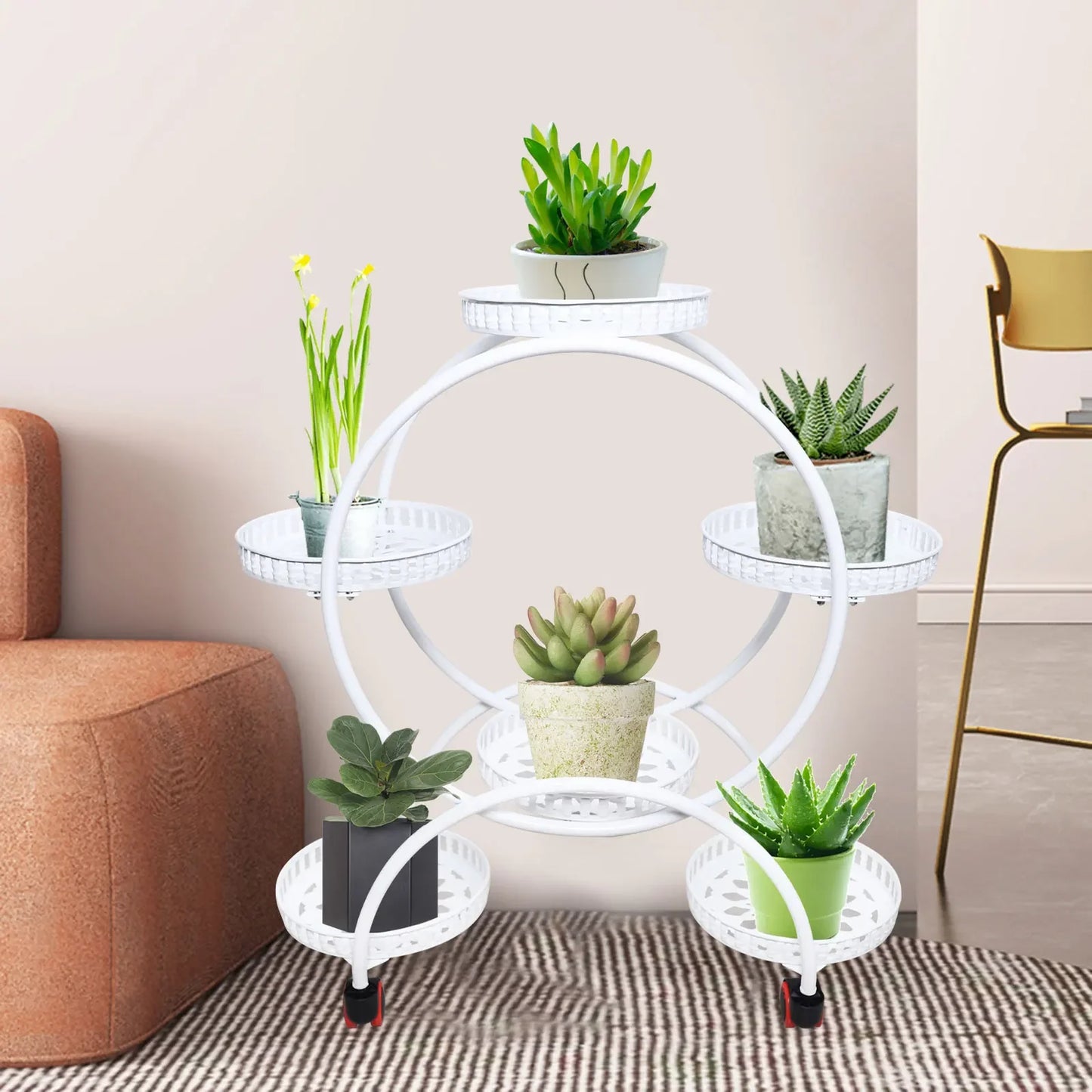 Durable Metal Plant Stand For Six Pots With Wheels