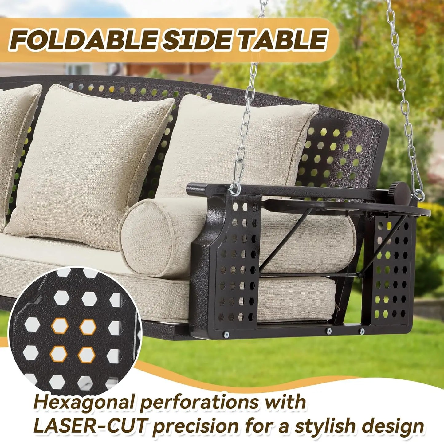 Three Seater Porch Swing With Cup Holders And Cushions