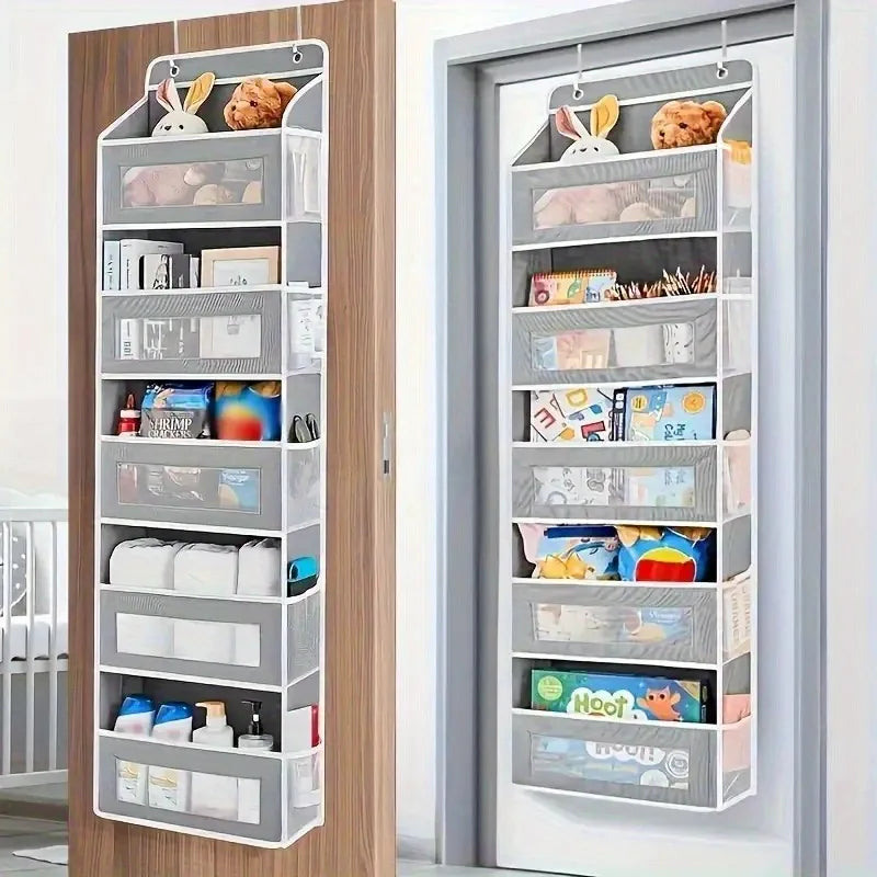 Door Hanging Storage Rack - 5+5 Pockets for Everyday Storage with 5 Large Clear & Mesh Side Pockets Over-The-Door Multi-Pocket Organizer Hangable Black Large Capacity Anti-Tilt Design Heavy-Duty
