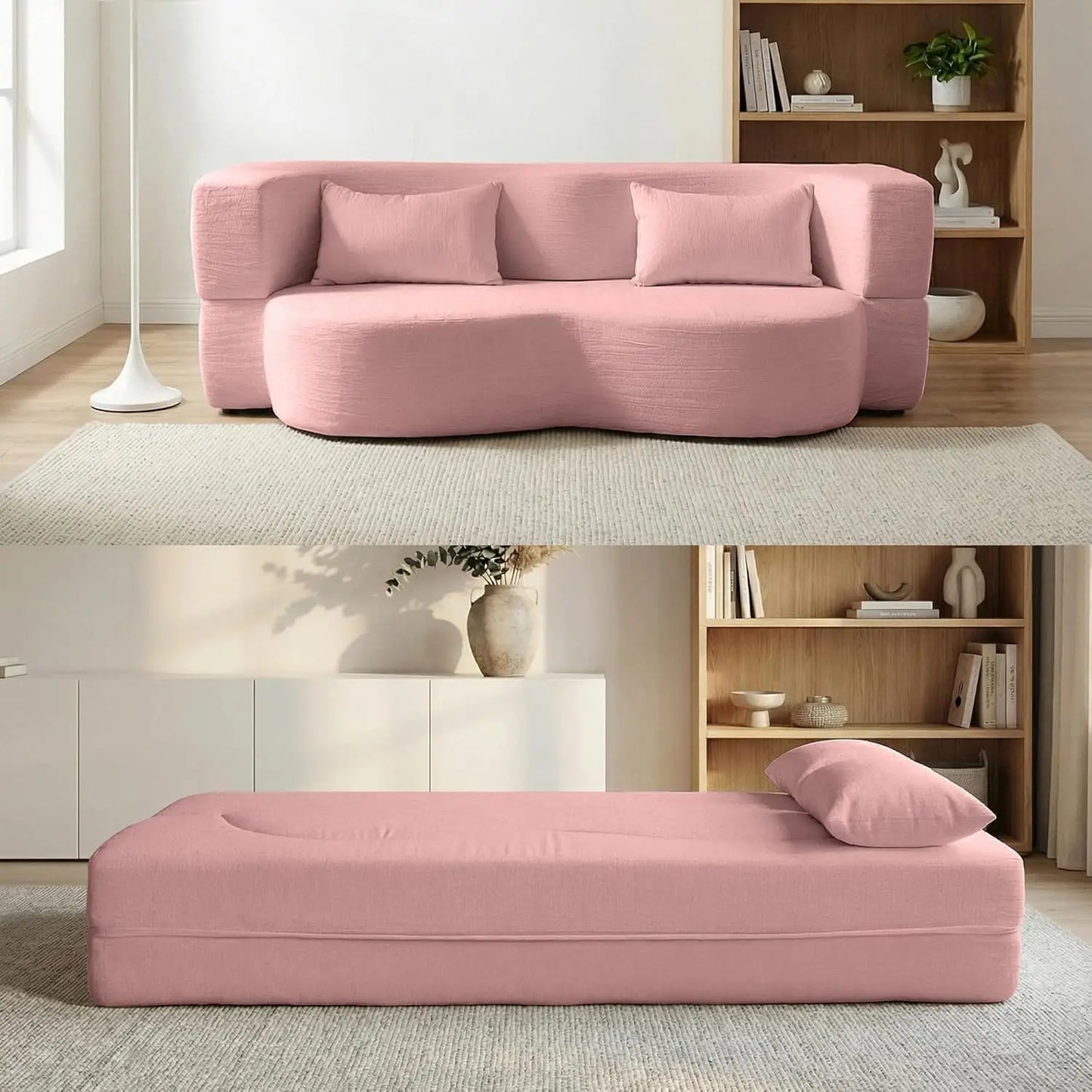 Convertible Sofa Bed 2-In-1 Teddy Fabric Loveseat With Pillow