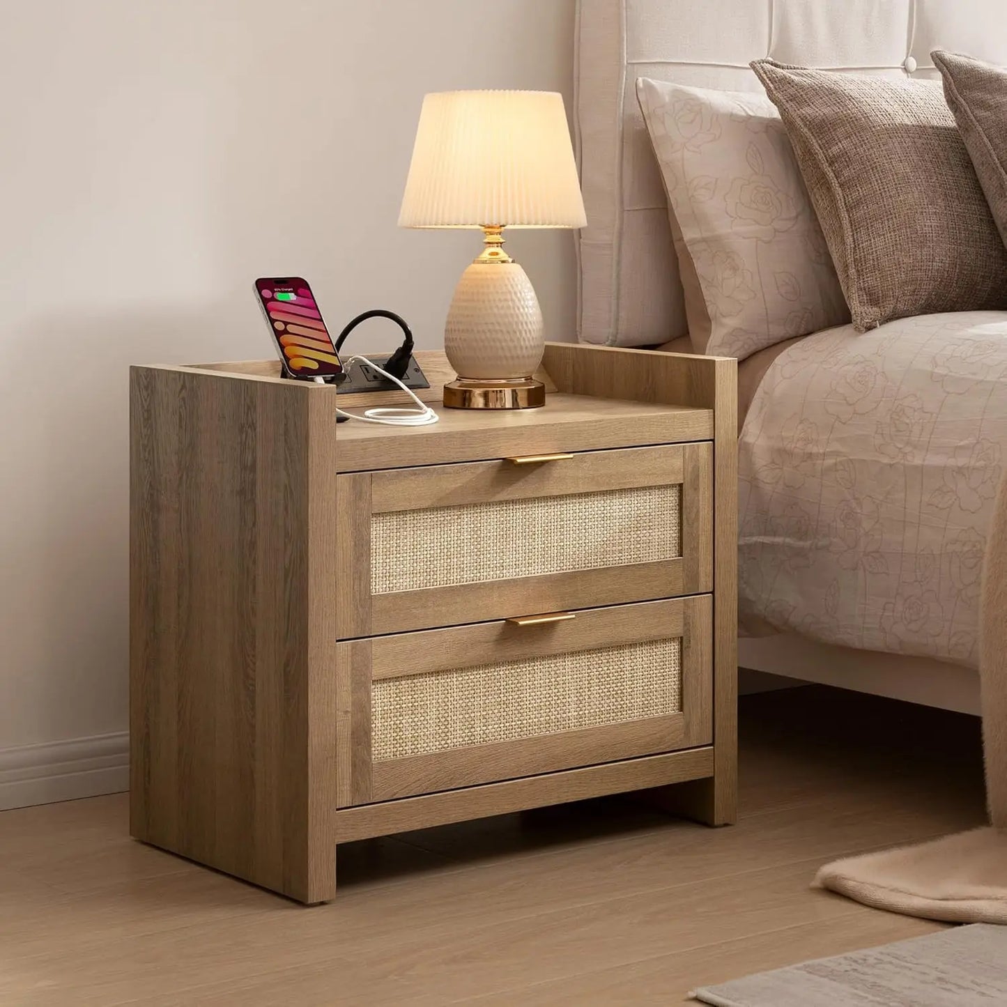 Rattan Nightstand End Table - Night Stand Bedside Table with Type-C Charging Station, 2 Drawers Storage - Boho, Customized
