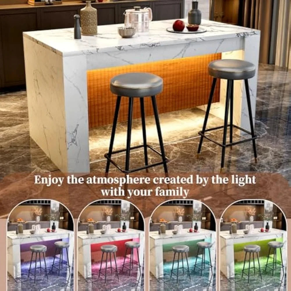 Faux Marble Dining Table With LED Lights For Modern Kitchen