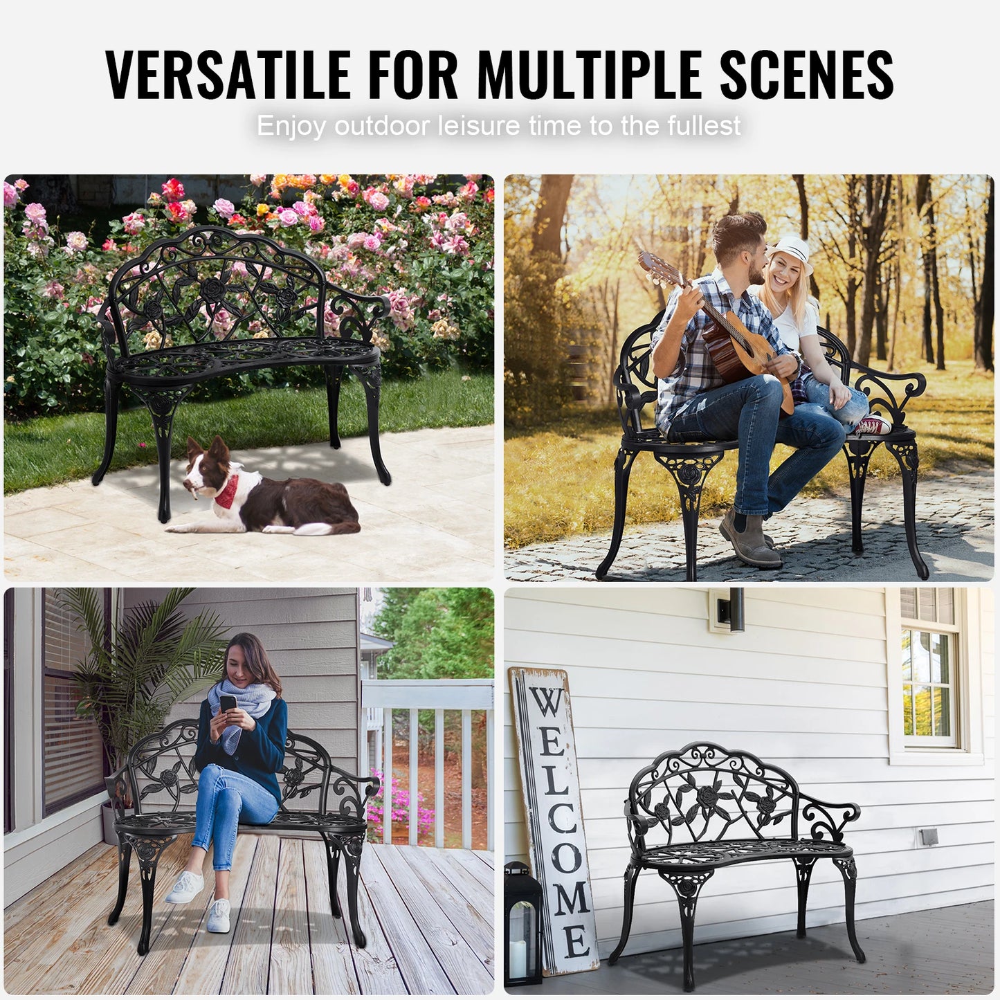 SucceBuy Outdoor Bench Wood Metal Garden Seating 480 Lbs Load Capacity