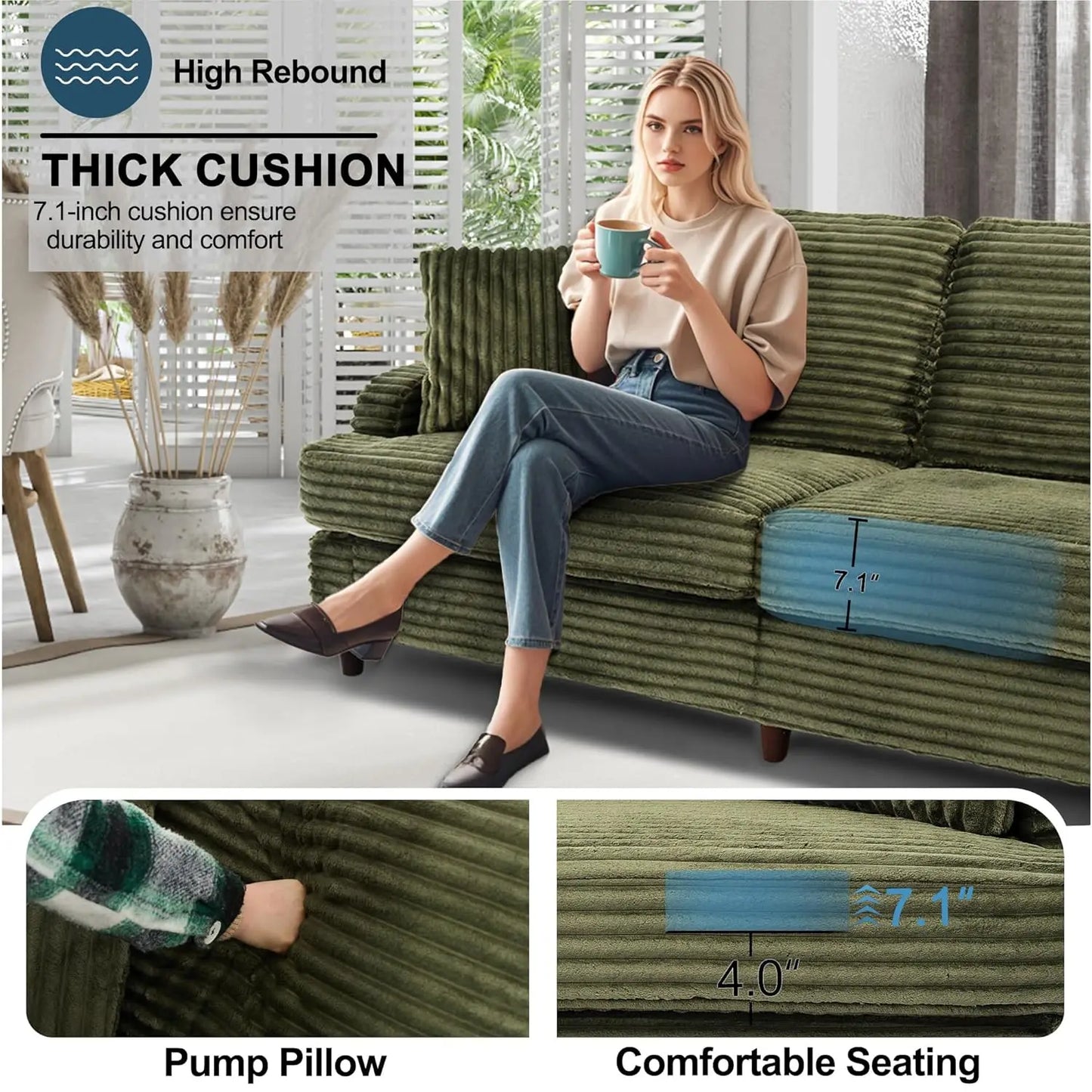 Plush Three Seater Sofa Couch For Living Room Comfort