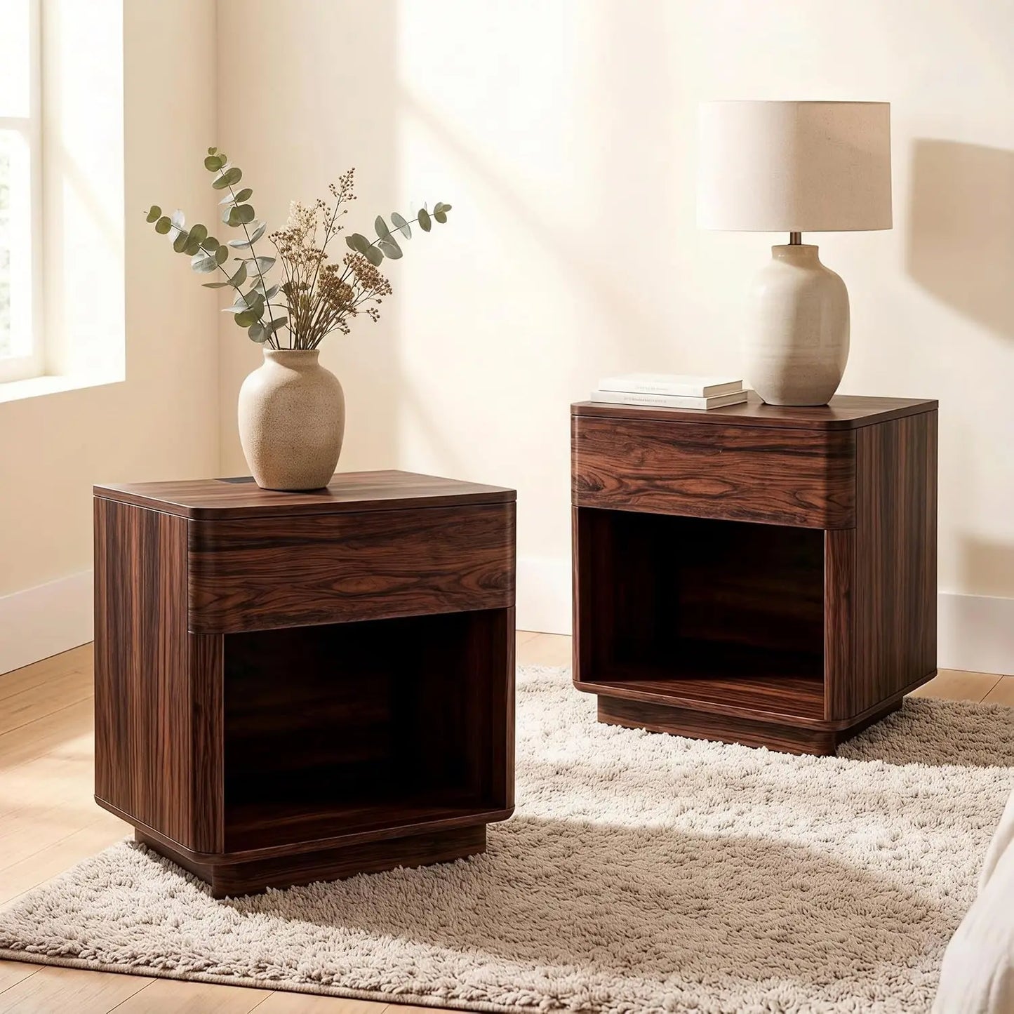 Modern Wood Nightstand Set of 2, 22" Wide Night Stand with Charging Station, Storage Drawer & Open Shelf, Large, Customized