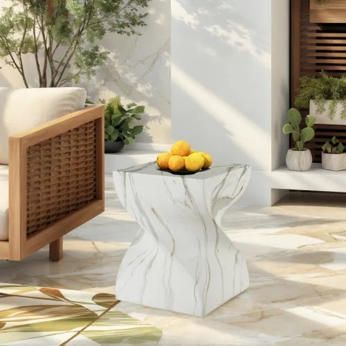 Modern Small Round Cement Outdoor Table - Faux Terrazzo Accent Table, Fits Patio as End Table & Indoor/Outdoor as Tree Stump Dru