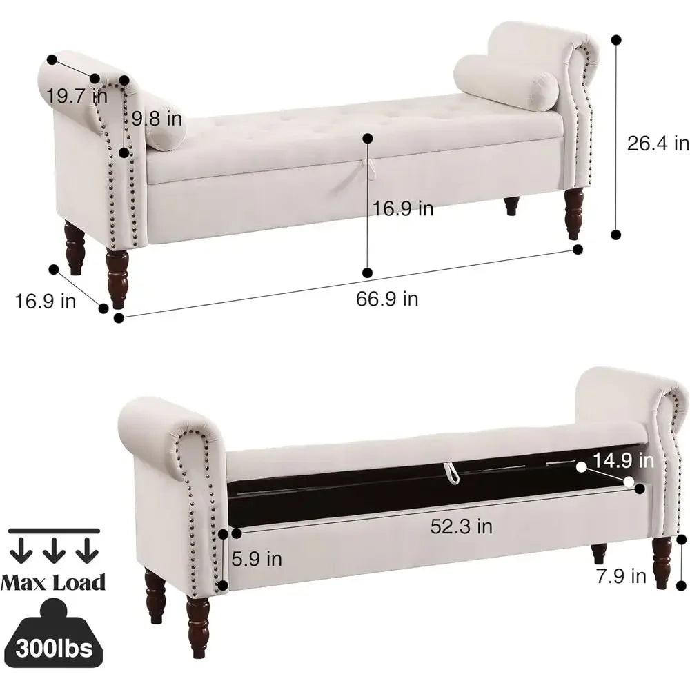 Velvet Storage Bench With Arms Upholstered Ottoman For Bedroom And Living Room