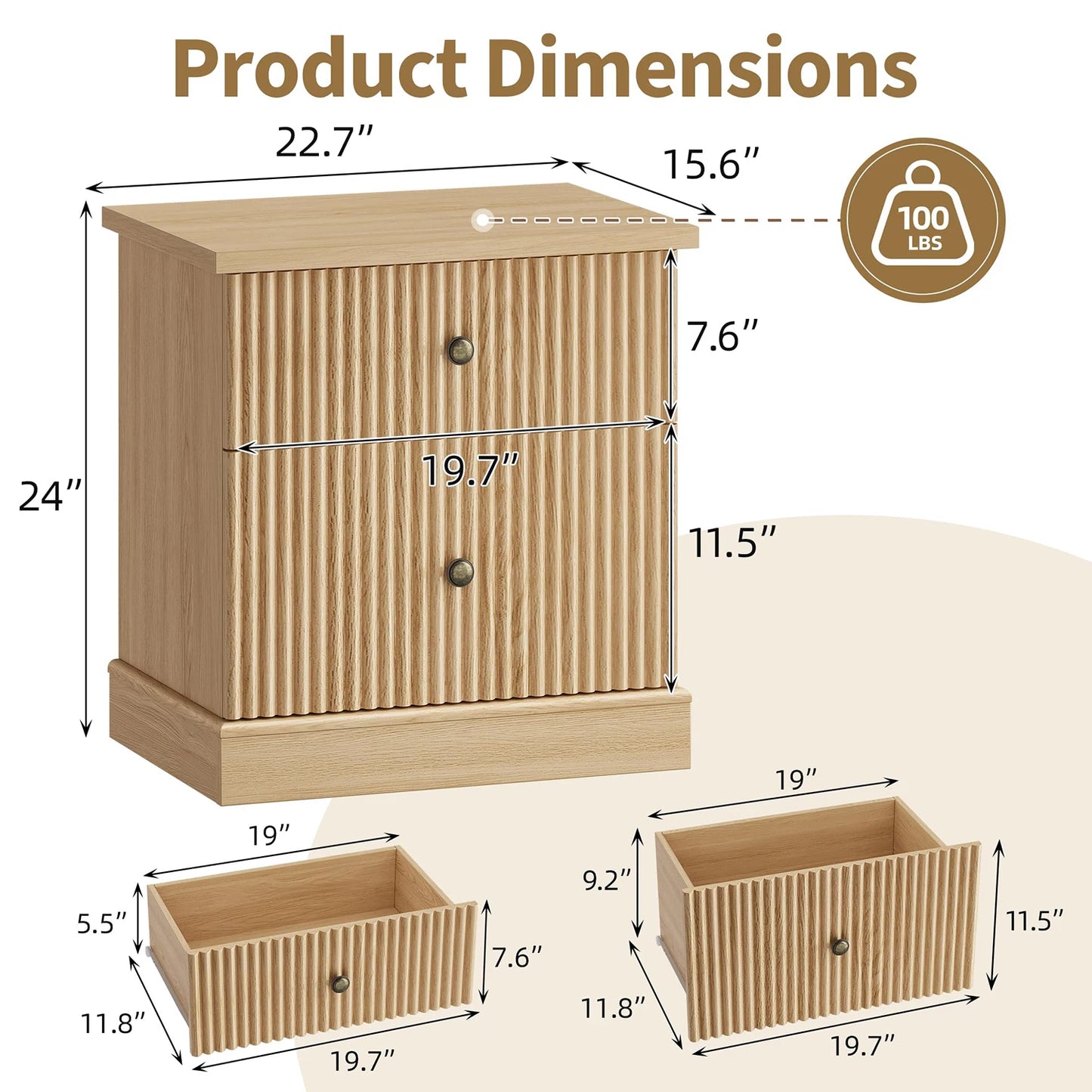 Fluted Nightstand With Drawers, Mid-Century Modern Bedside Table, Slim Storage Cabinet With Heavy-Duty 125 Lb Top For Bedroom
