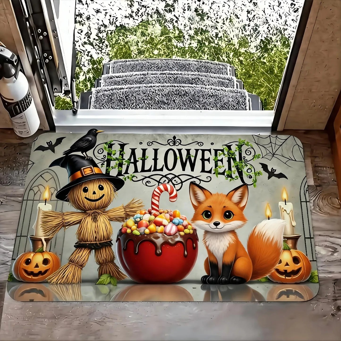1pc Door Mat with Halloween Pumpkin and Cat Design, Welcome Floor Mats, Polyester Area Mat for Laundry Room and Kitchen, Room Decoration, Guest Room Decor