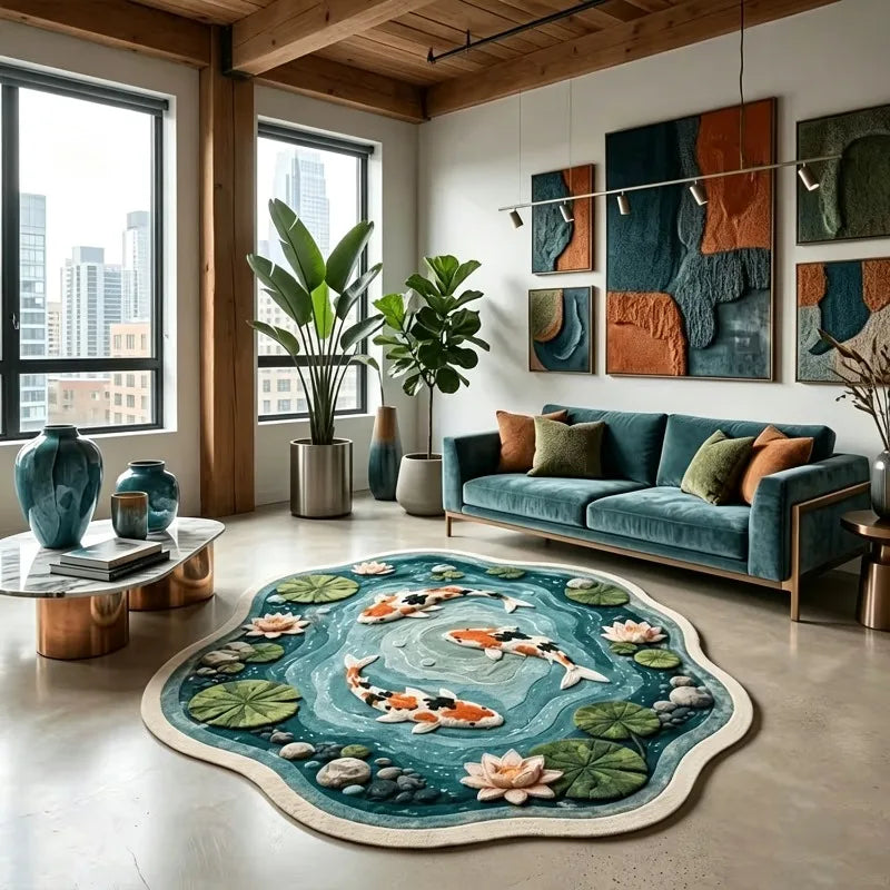 Lotus Koi Fish Plush Washable Anti Slip Bedroom Floor Rug