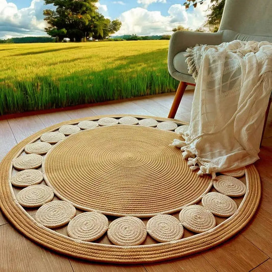 Bohemian style hand-woven linen fiber round rug, beige non-slip rug, suitable for living room, garden, bathroom, kitchen, machine washable and pet-friendly