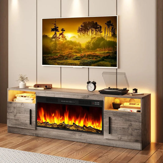 Fireplace TV Stand Entertainment Center with 36" Fireplace, 70" Wooden TV Console for TVs Up to 80", Modern TV Stands for Living