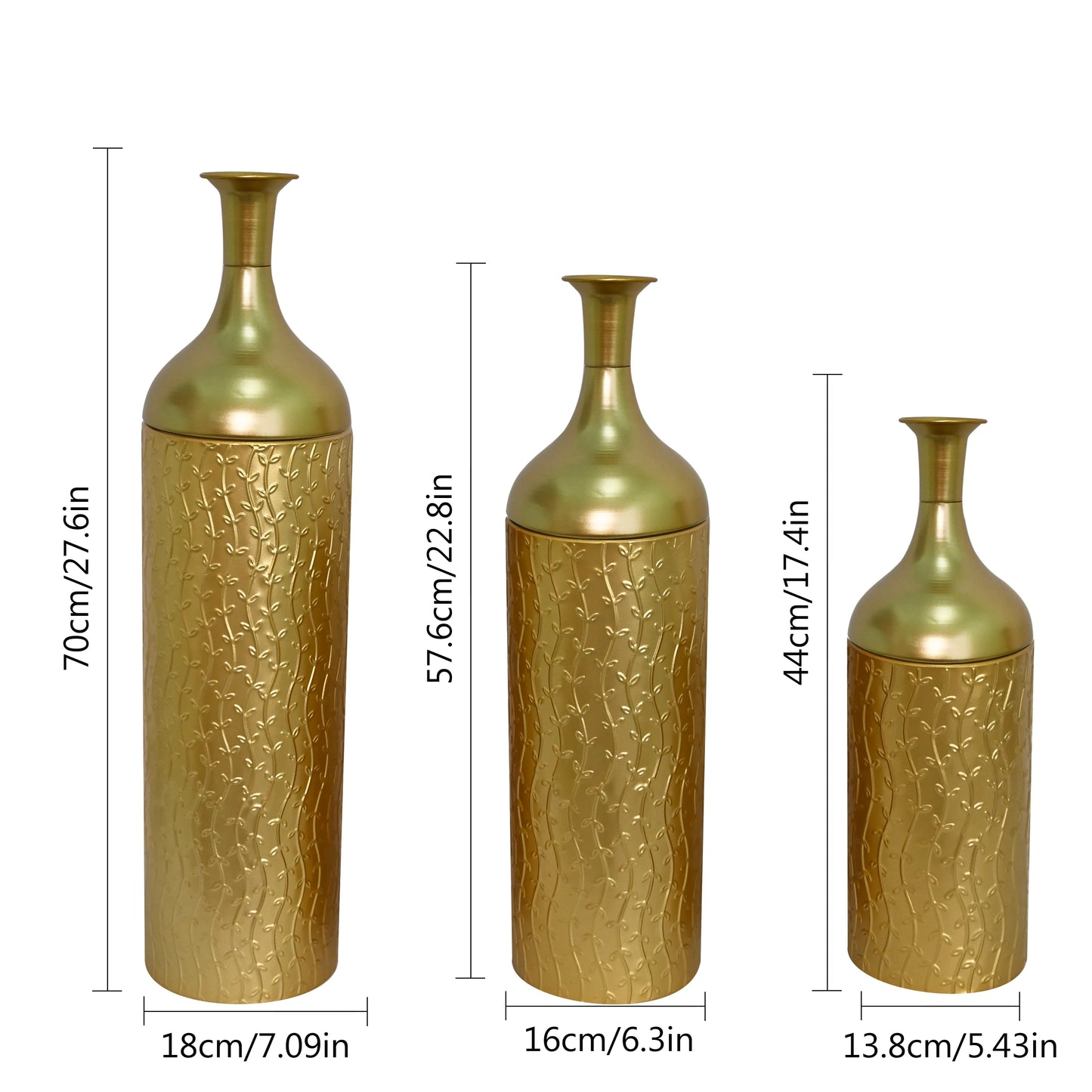 Modern White Metal Floor Vases Set of 3, Tall Gold Leaf Glazed Cylindrical Vase for Entryway Living Room Home Decor