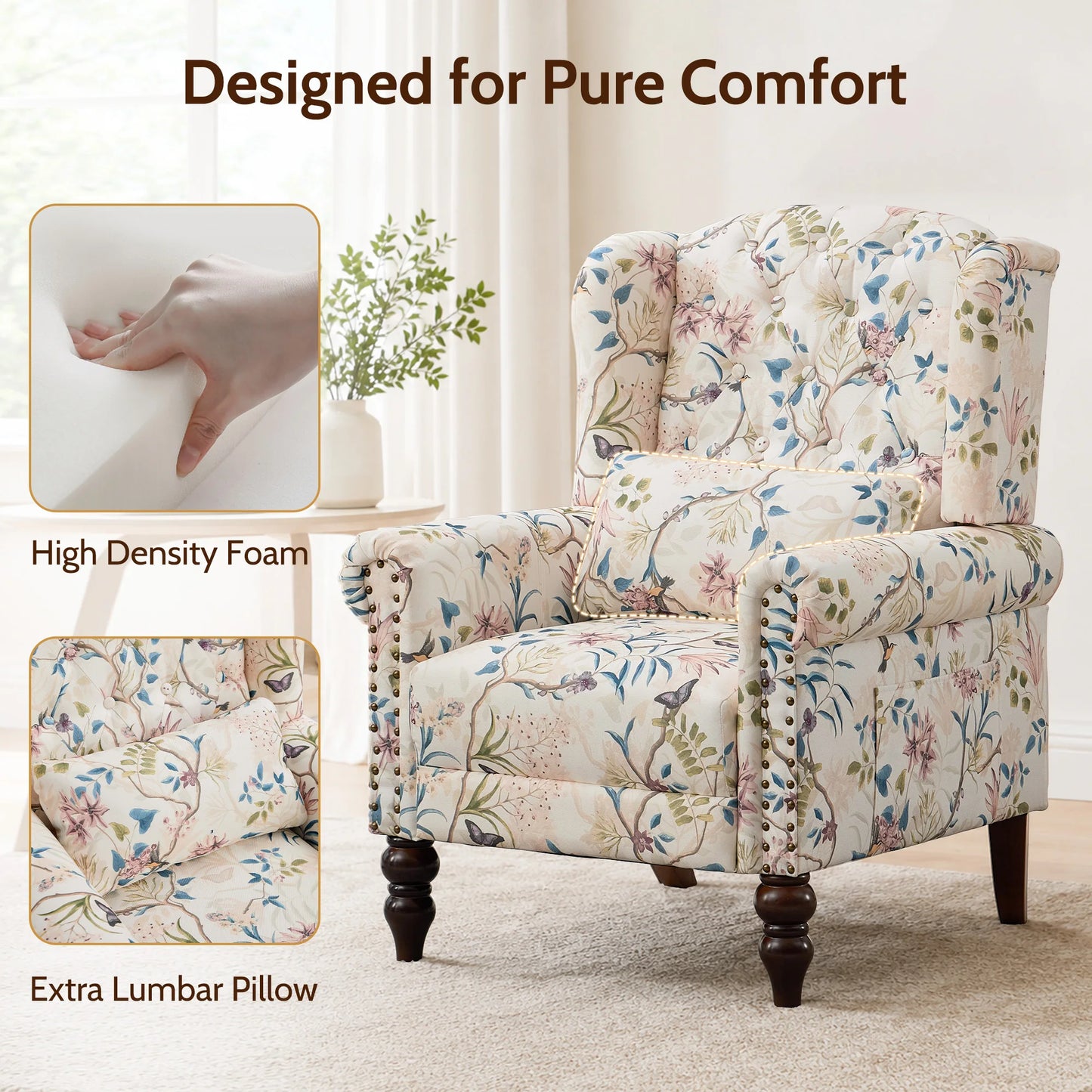 TCGBKAF Vintage Floral Wingback Club Accent Chair with Arms Mid-Century Modern Armchair Fabric Upholstered Mid Back Single Sofa Chair for Home