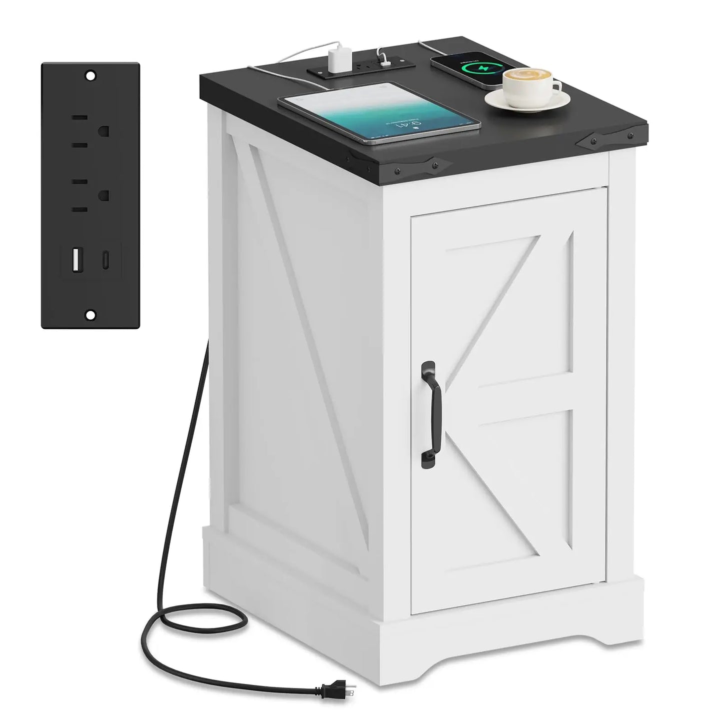 Farmhouse White Nightstand With Charging Station, AC Outlets USB Type-C, Bedside End Table With Cord Management & Storage Shelf