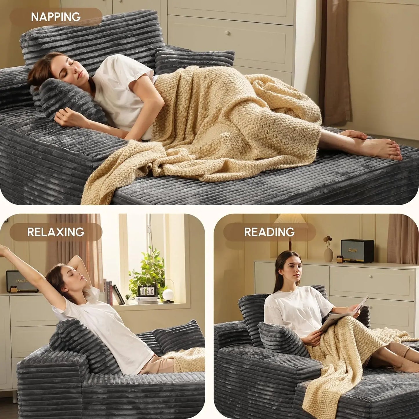 UNM Boneless Chaise Lounge Chair Velvet Upholstered Cloud Sofa Reading