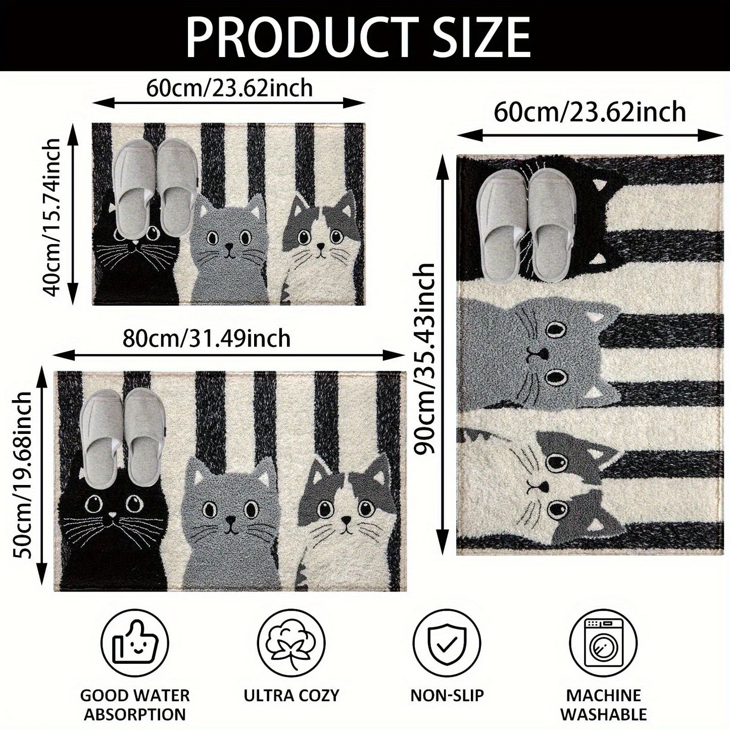 VIKAMA Striped Cartoon Cat Doormat Waterproof Floor Rug