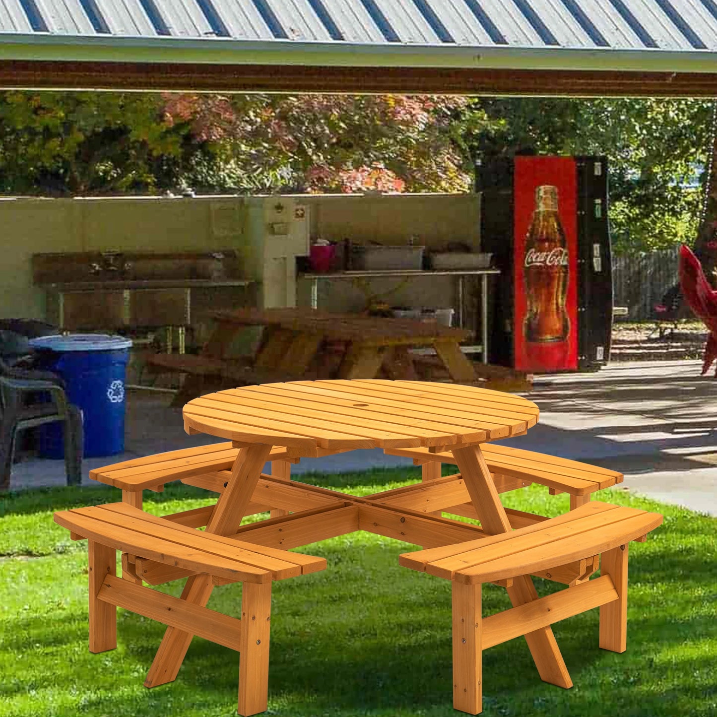 Solid Wood Round Outdoor Picnic Table Set with 4  Benches, Weather Resistant Patio Dining Furniture with Umbrella Hole for Garden Backyard Lawn BBQ Party