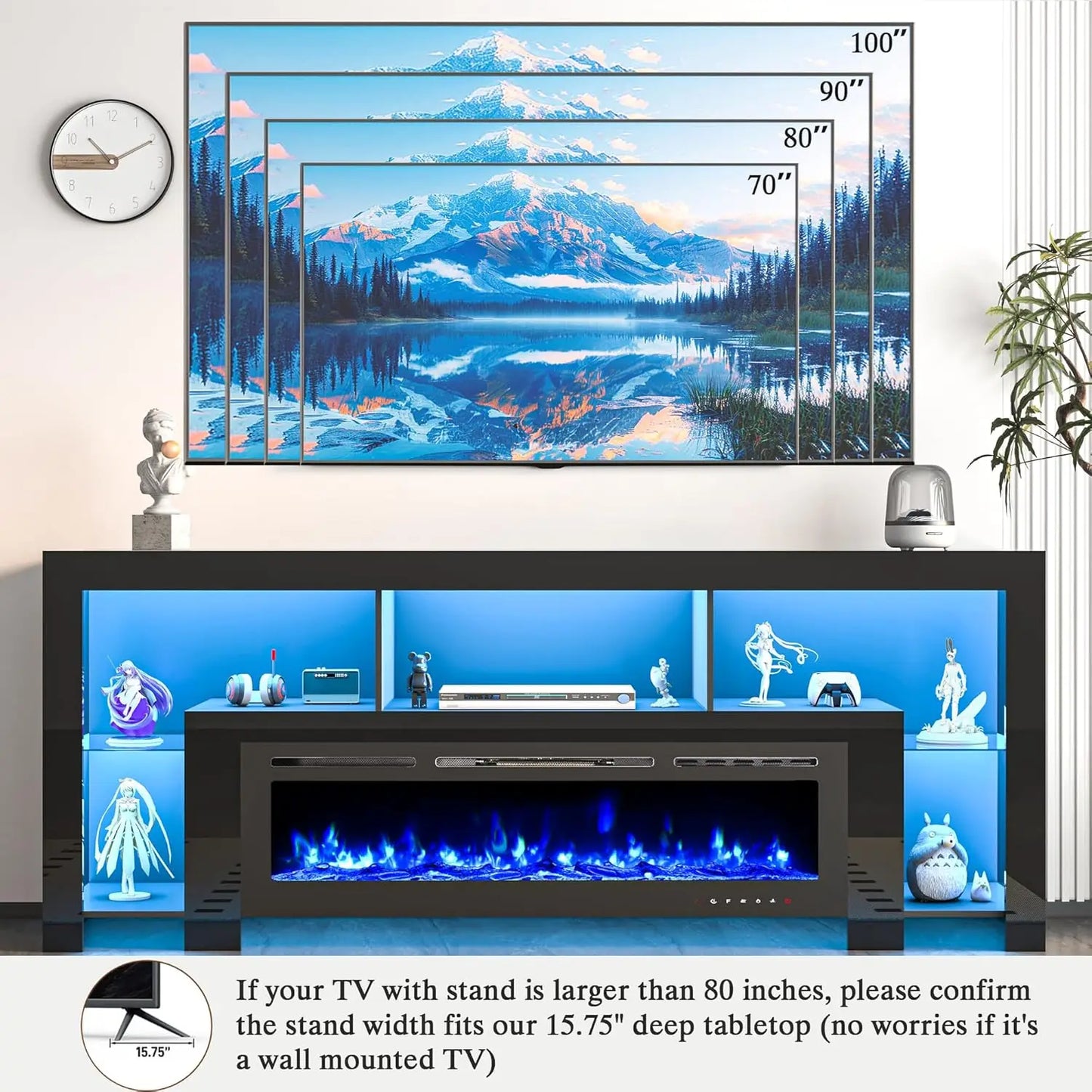 94.5" Fireplace TV Stand for TVs Up to 100", Gaming LED Entertainment Center with 50" Electric Fireplace, Modern High Gloss Medi