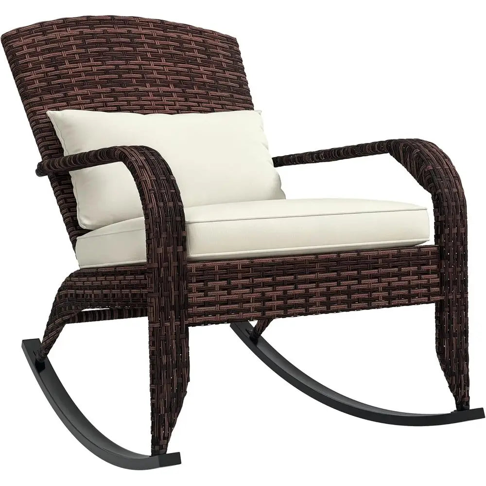 Outdoor Wicker Adirondack Rocking Chair, Patio Rattan Rocker Chair with High Back, Seat Cushion, and Pillow or Garden, Porch, Ba