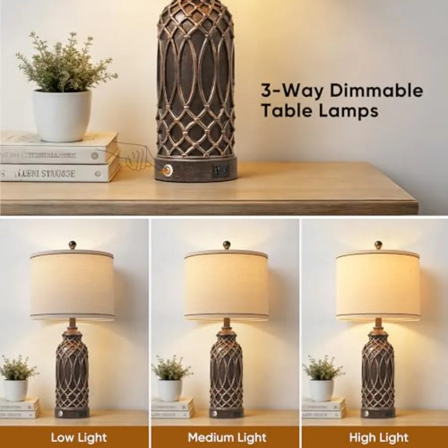 Farmhouse Table Lamps Set of 2 Black-Gold Resin Table Lamps with USB Ports Touch Button Switch Woven Wicker Pattern Linen Shade