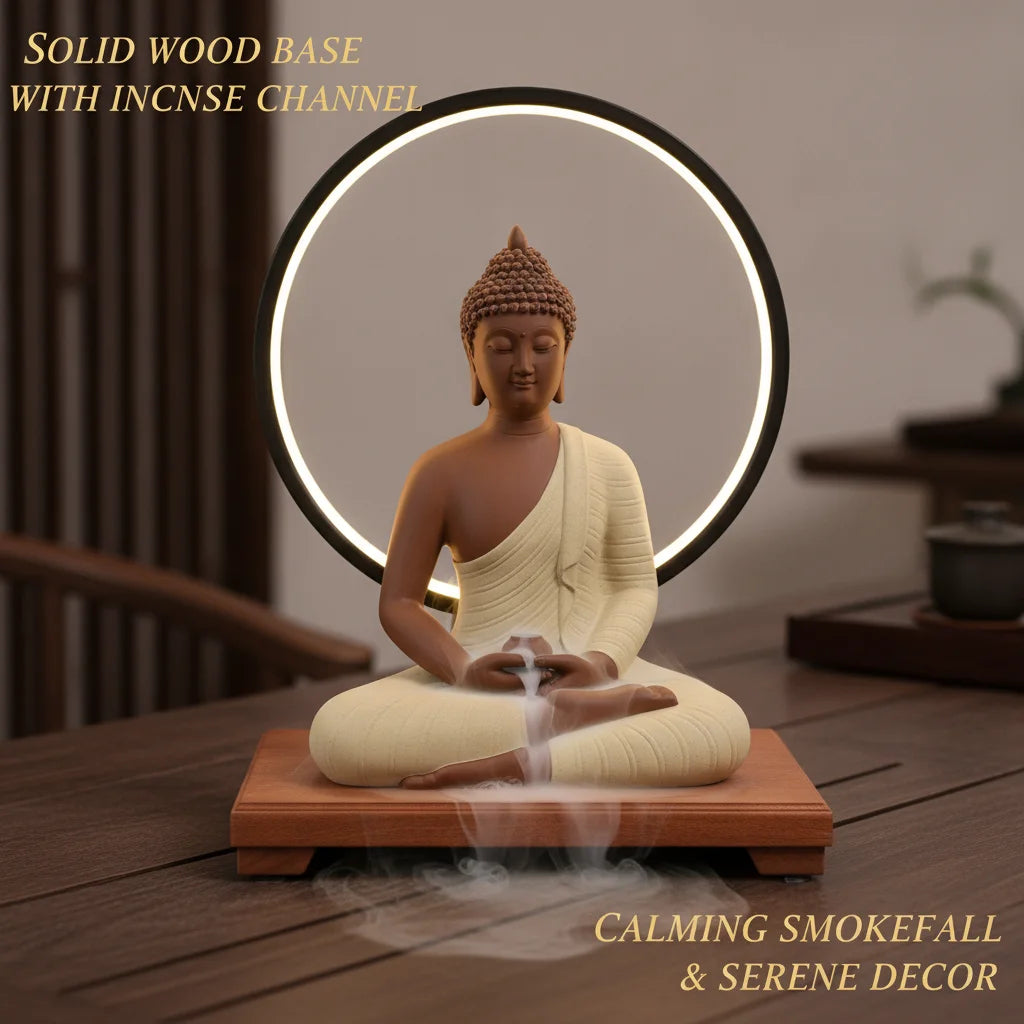Ceramic Buddha Statue with LED Halo Ring Light, Amitabha Figurine on Wood Base, 6 Brightness Levels USB Powered, Meditation Home Decor, Purple Sand Yellow, 23x14x30cm