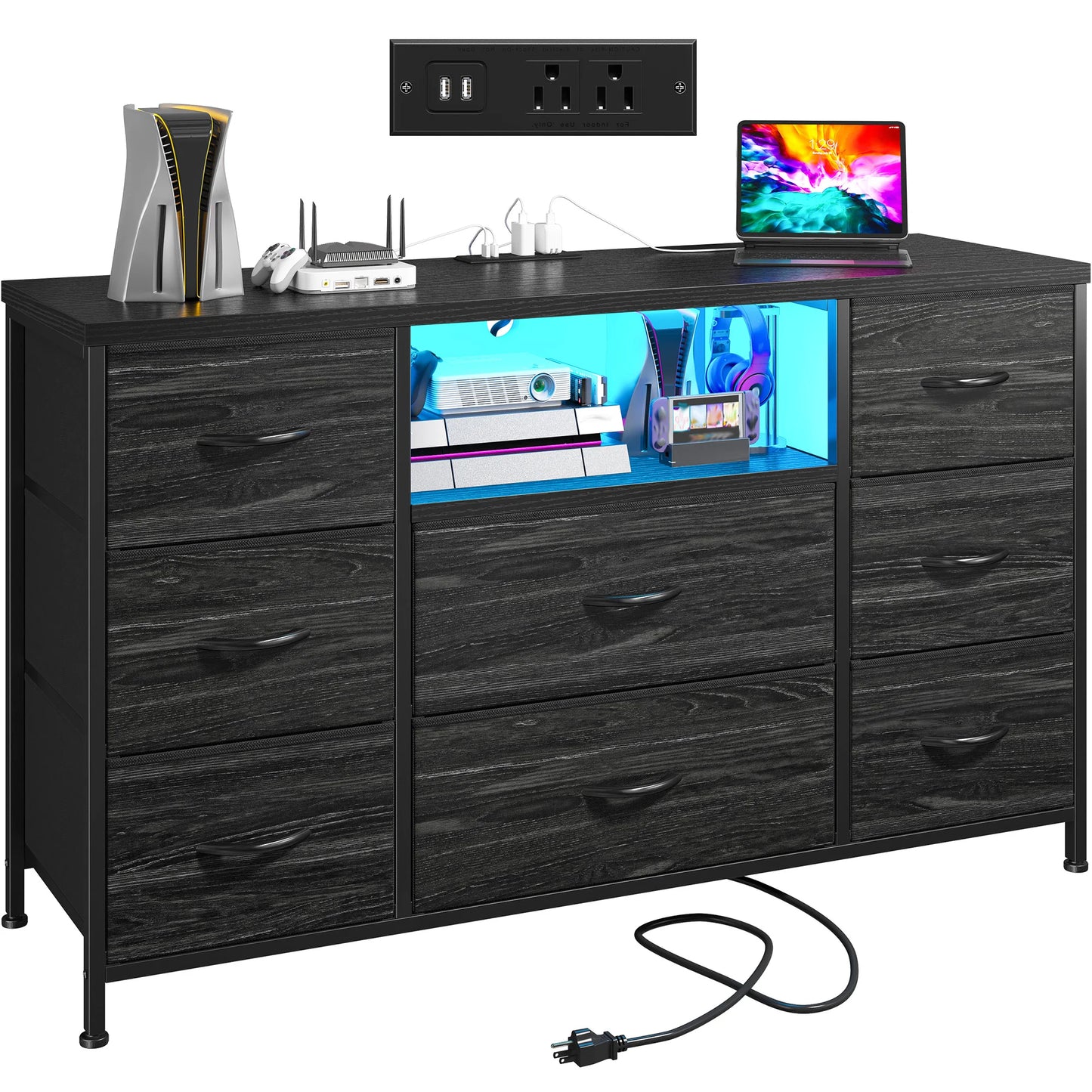 EnHomee 8-Drawer Media Dresser With LED Lighting And Built-In Charging