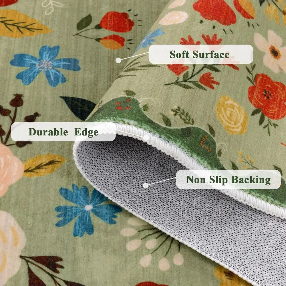 Vintage Floral Rug Machine Washable Soft Low Pile Non Slip