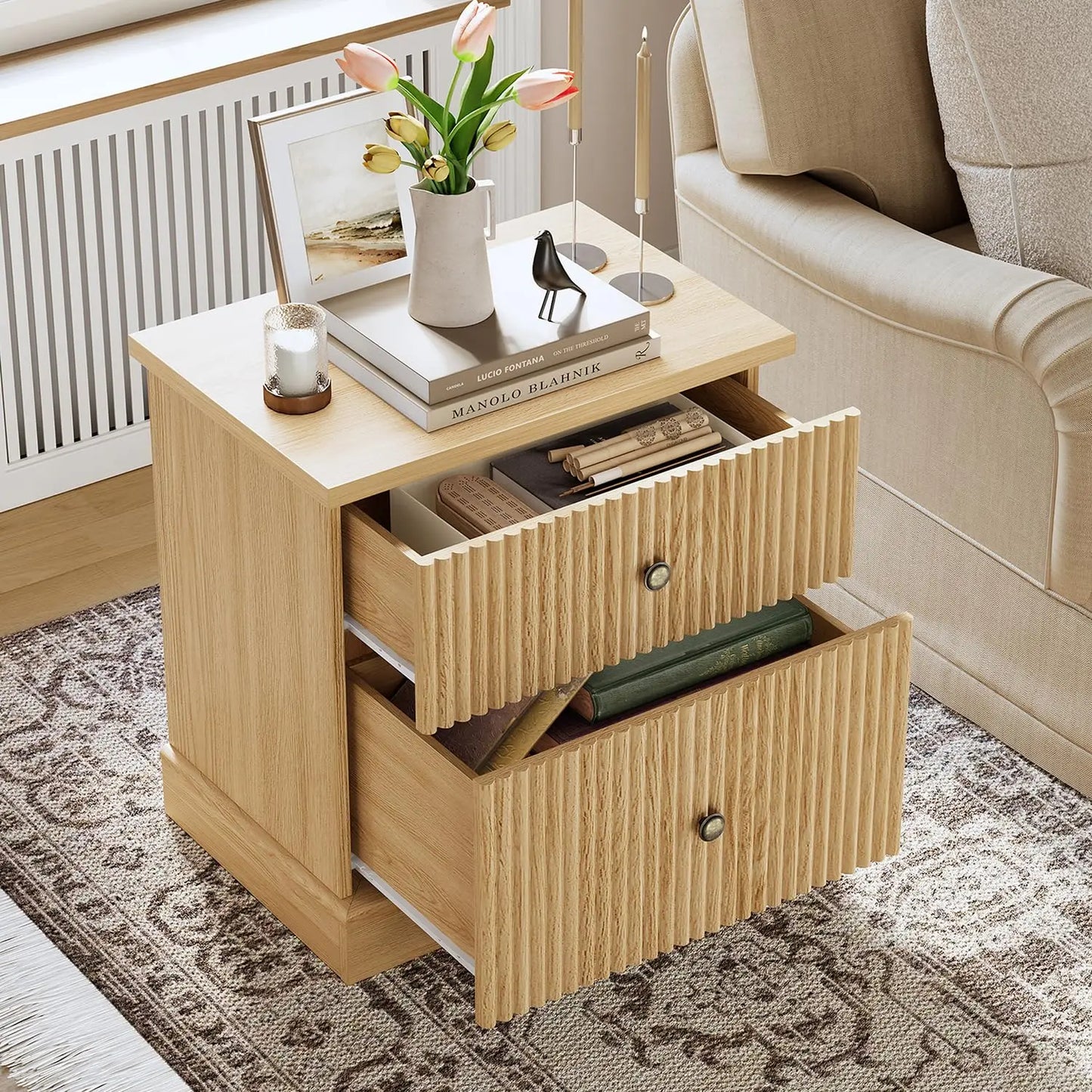 Fluted Nightstand With Drawers, Mid-Century Modern Bedside Table, Slim Storage Cabinet With Heavy-Duty 125 Lb Top For Bedroom