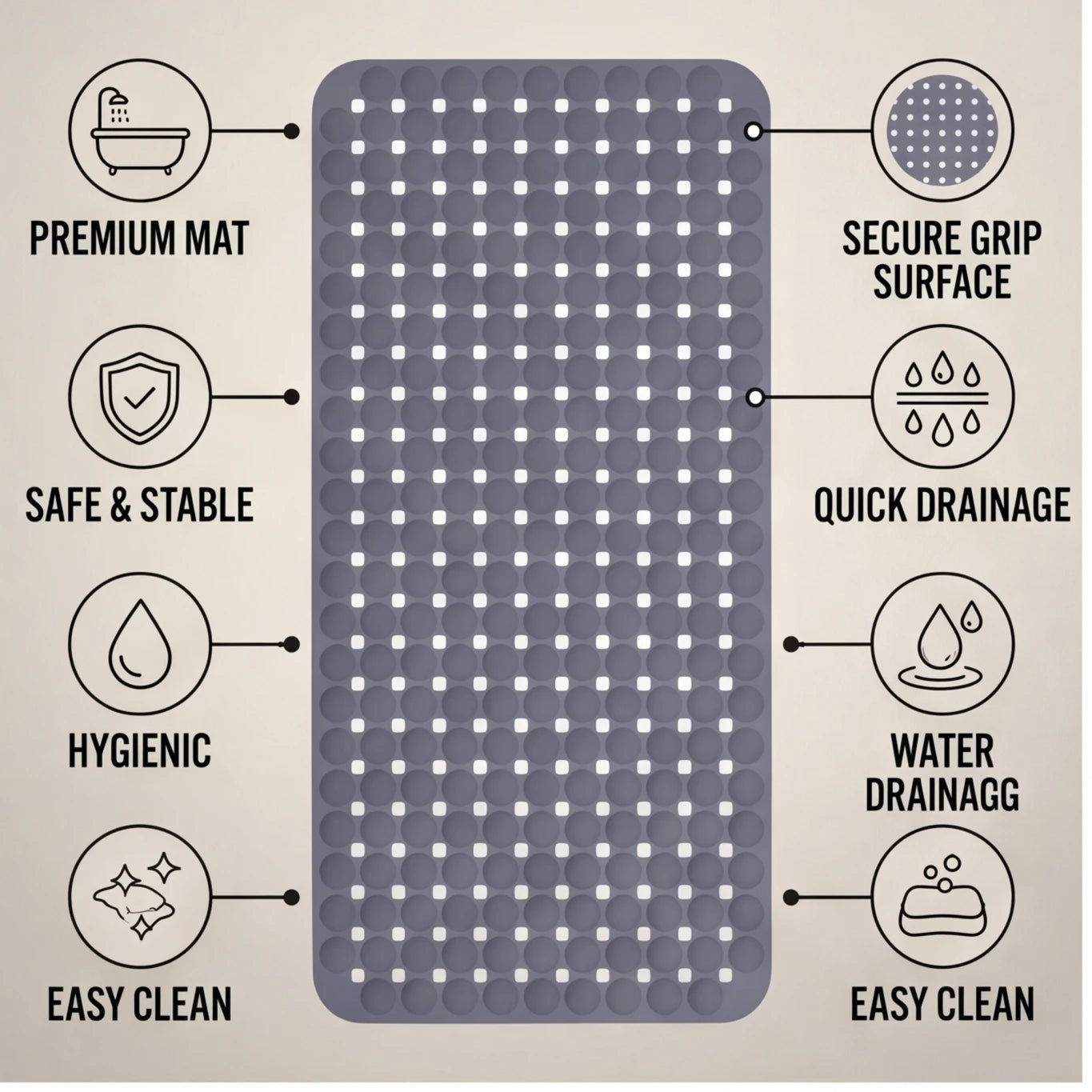 1-Pack 14in*27in Non-Slip Shower Mat, Features a wavy pattern with silky-smooth texture for a comfortable, non-irritating touch,Bathtub Mat with Drain Holes & Suction Cups, Foot Massage Shower Rug, Bathroom Essentials for Hom