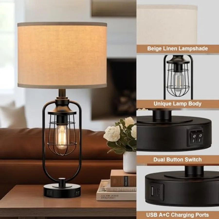24" Farmhouse Table Lamps for Living Room Set of 2, Black Rustic Lamps for Night Stands with USB Ports, Industrial Bedside Lamp