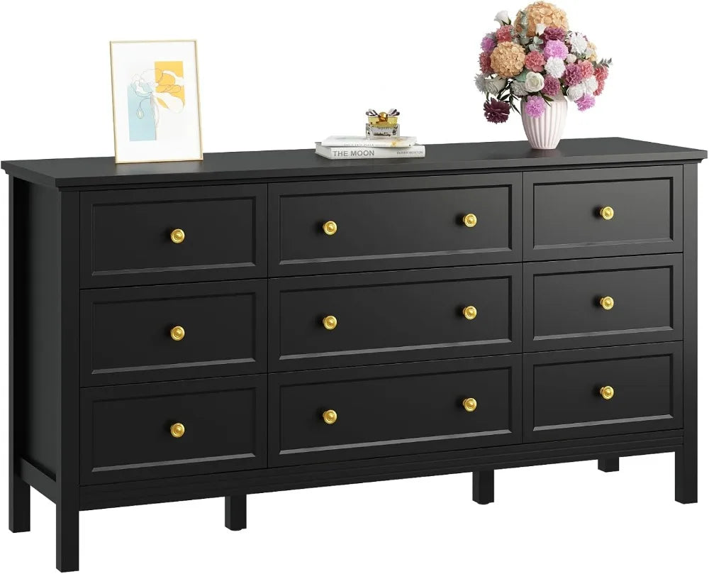 Black Dresser for Bedroom, 9 Drawer Dresser with Wide Drawers and Gold Metal Handles, 59" White and Gold Dressers TV Stand,
