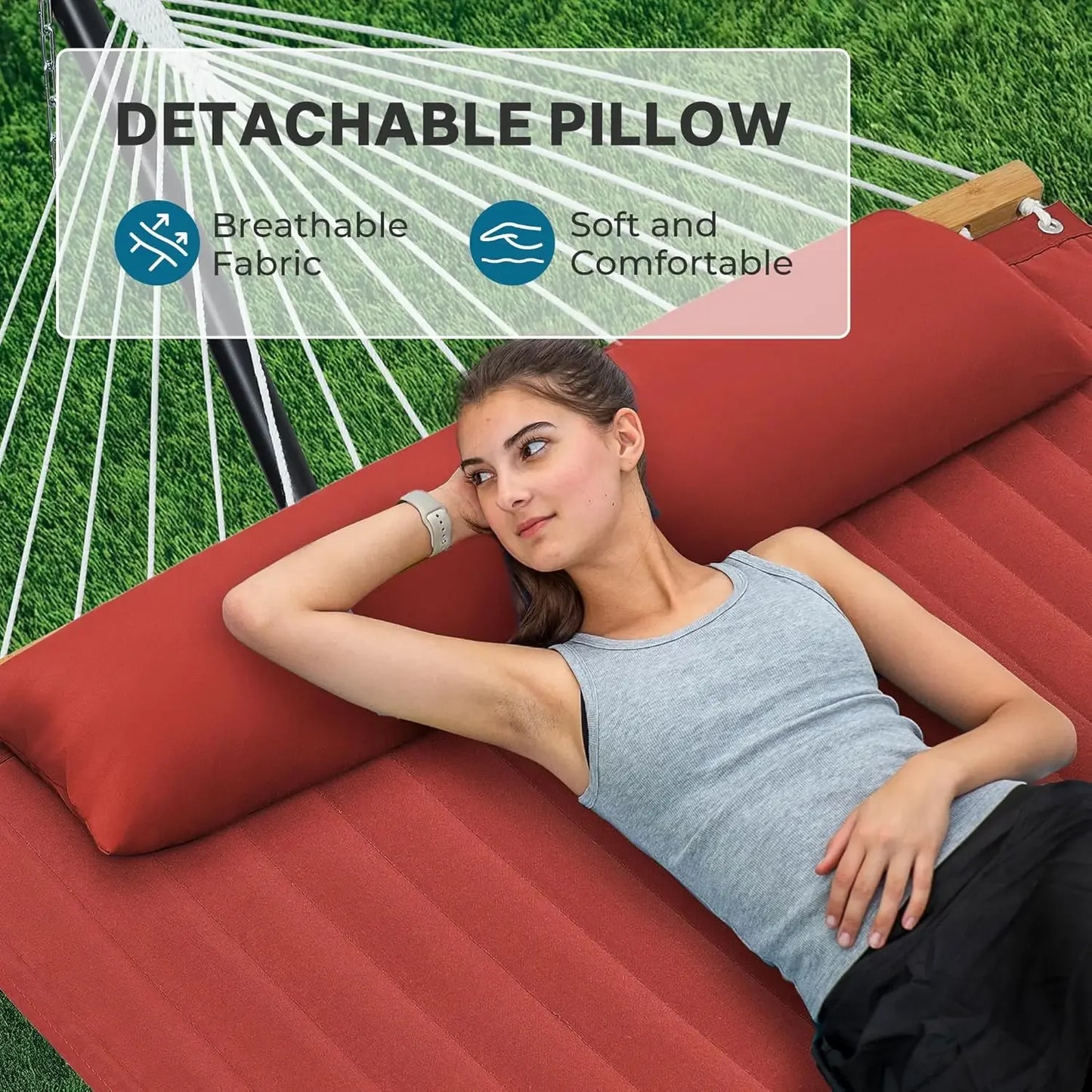 Hammock With Stand For Two People, Quilted Outdoor, Detachable Pillow