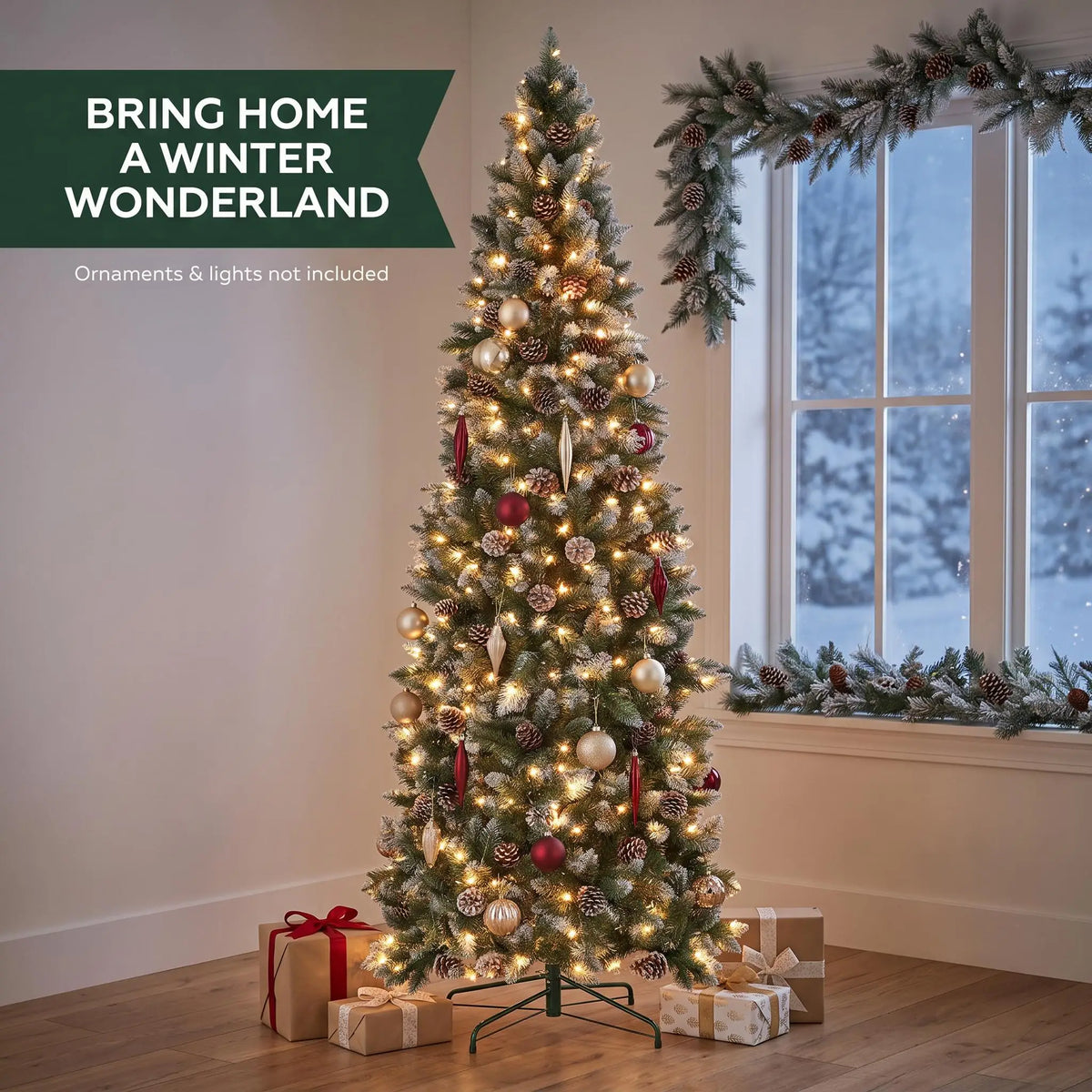 ANIXOL Pre-Lit Slim Pencil Flocked Christmas Tree With Pine Cones