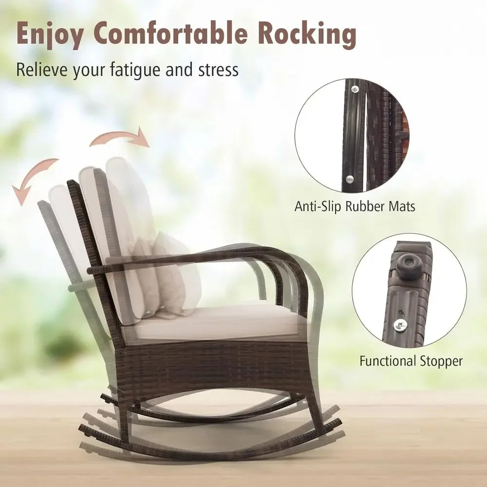 Outdoor Rocking Chairs Set o 2, 3 Piece PE Wicker Patio Bistro Set | Coee Table & Thick Cushions, Rattan Patio Rocker urniture o