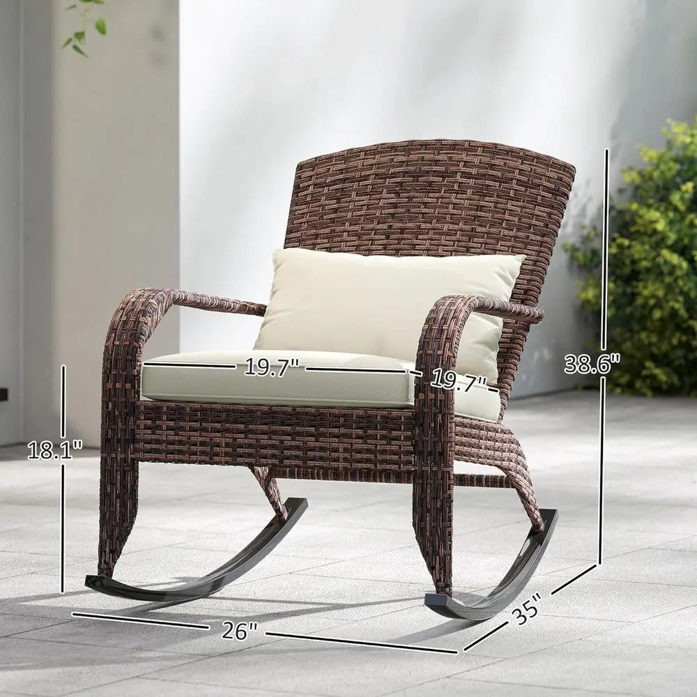 Outdoor Wicker Adirondack Rocking Chair, Patio Rattan Rocker Chair with High Back, Seat Cushion, and Pillow or Garden, Porch, Ba
