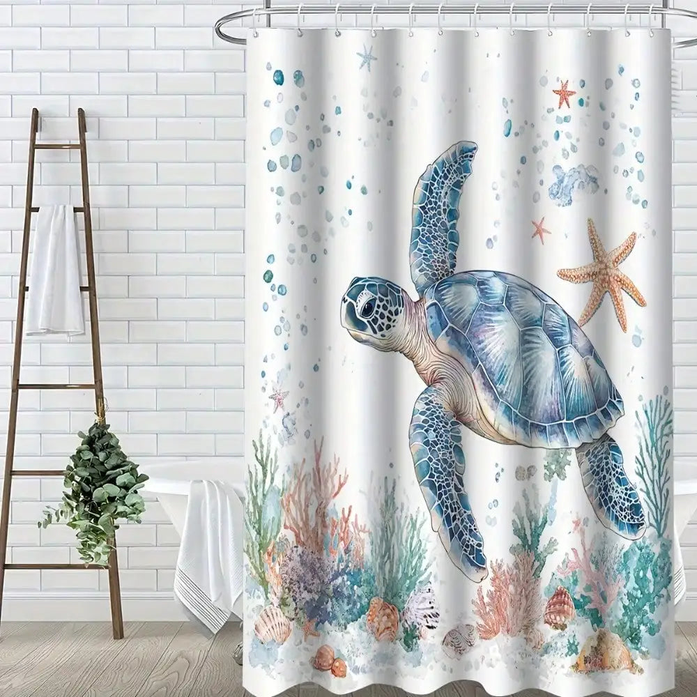 1/3/4PCS turtle-patterned shower curtain set, marine life theme, includes a U-shaped toilet seat cover and 12 hooks, bathroom decoration.