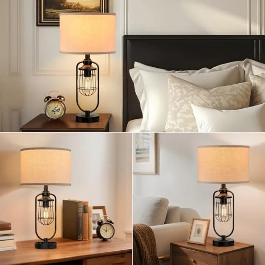 24" Farmhouse Table Lamps for Living Room Set of 2, Black Rustic Lamps for Night Stands with USB Ports, Industrial Bedside Lamp