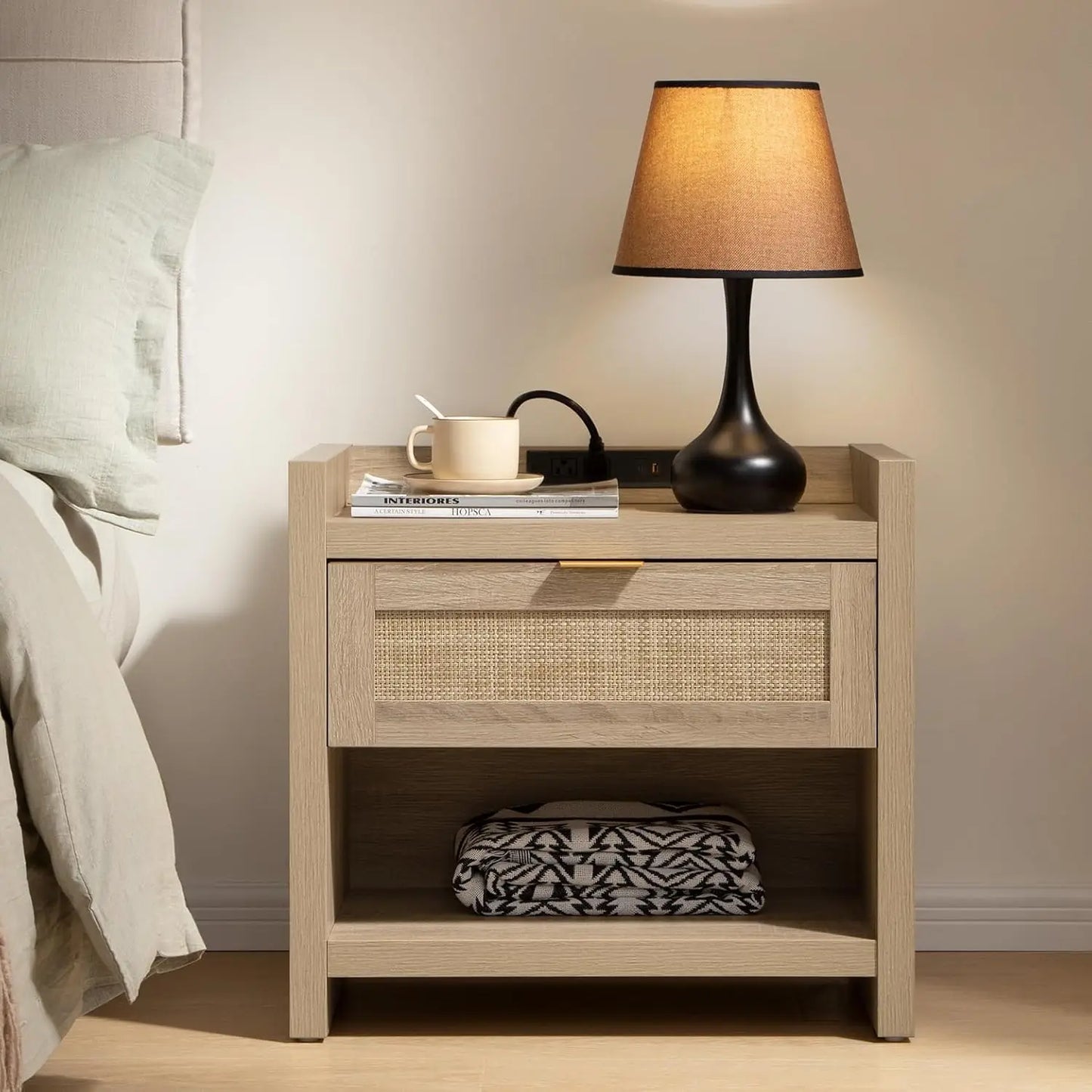 Rattan Nightstand End Table - Night Stand Bedside Table with Type-C Charging Station, 2 Drawers Storage - Boho, Customized