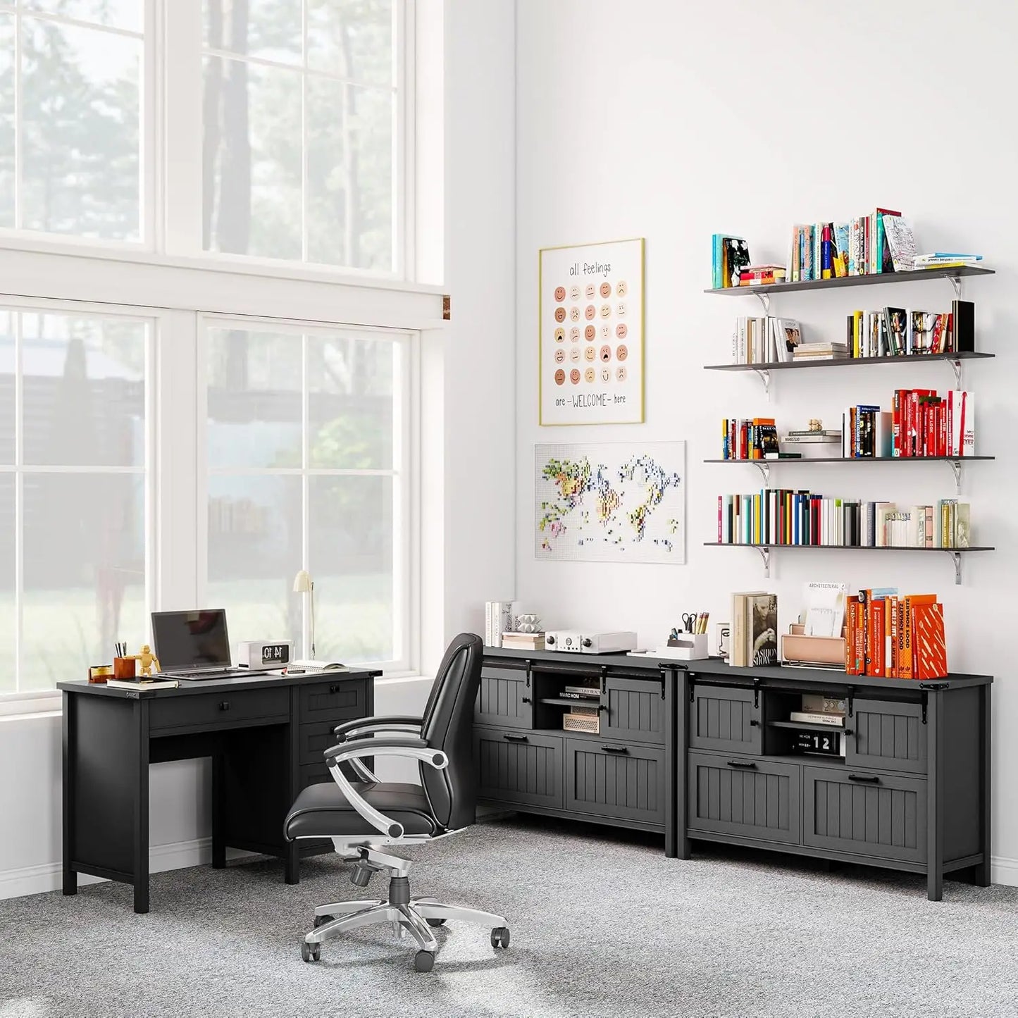 NONEDesk Executive Desk with File Cabinets and USB Charging Station