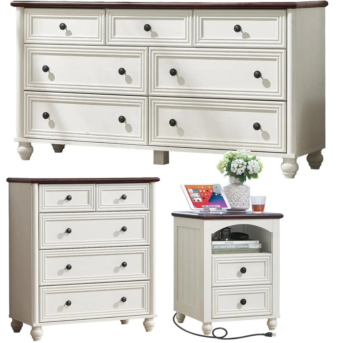 Farmhouse Dressers & Night Stand Set of 3, Wood 54" Wide 7 Drawer Dresser & 35.5"Tall Chest of Drawers, 18" with, Customized