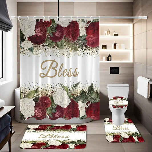 1/4pcs Complete Bathroom Set with Rose Blessing Printed Pattern, Elegant Modern Design for Home Decor, Shower Curtain