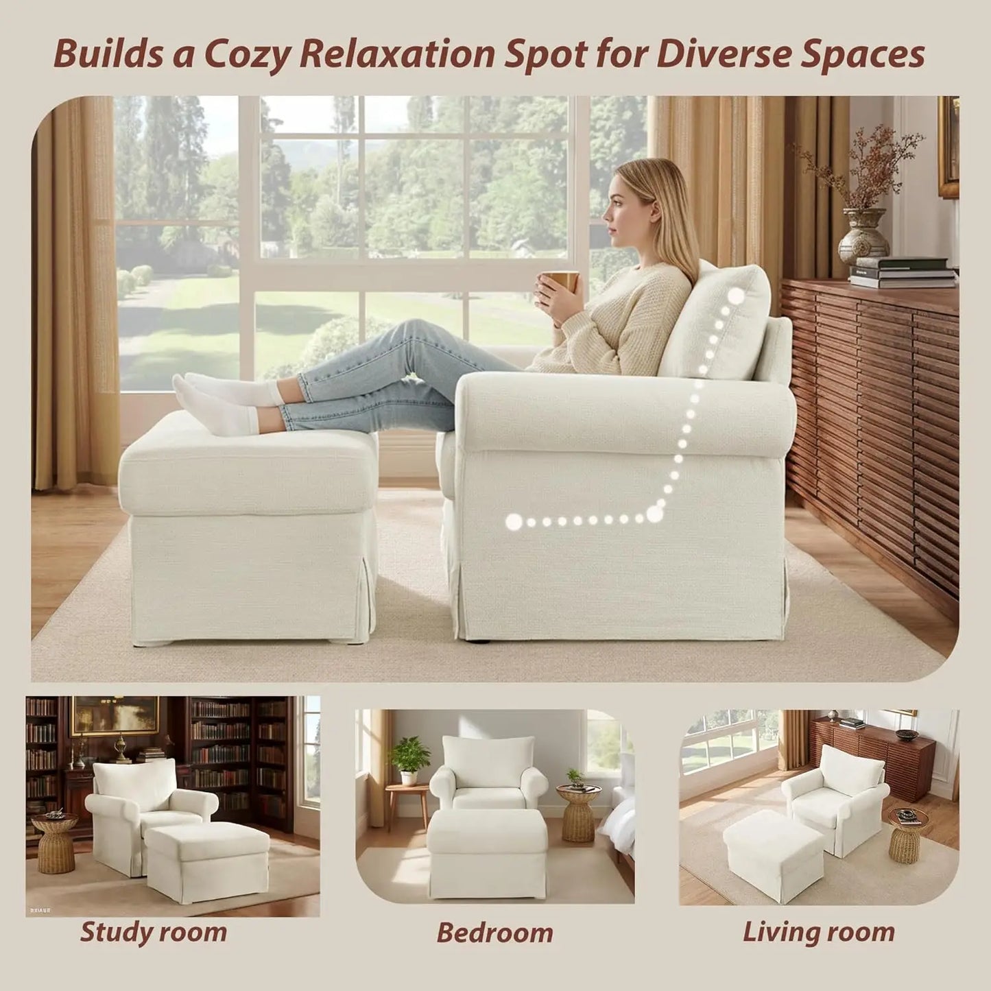 Modern Chenille Accent Chair With Ottoman Reading Armchair Cushion